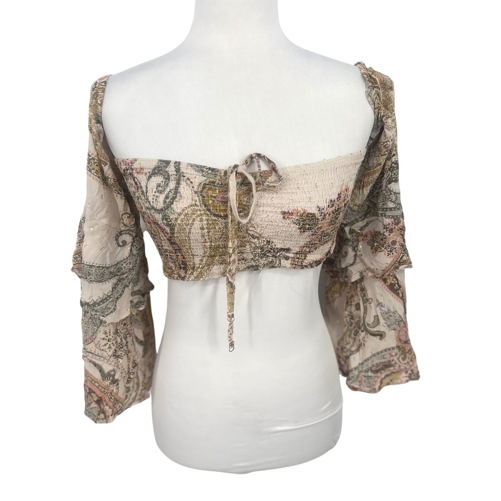 Studio F Crop Top Womens 2 Paisley Smocked Hippie Boho Festival Peasant Fairy